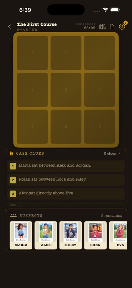 The deduction board with nine suspects and case clues