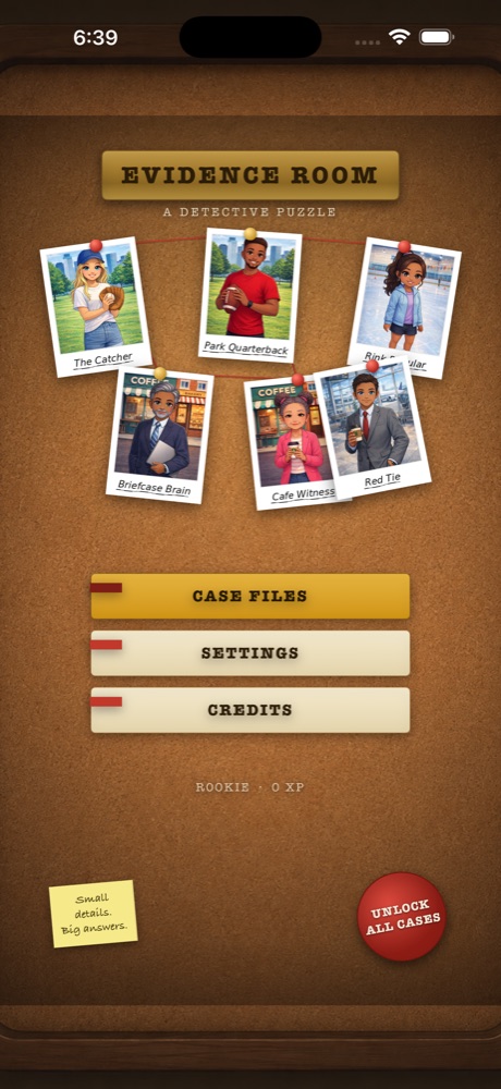 The case wall main menu, a corkboard with suspect polaroids and red string