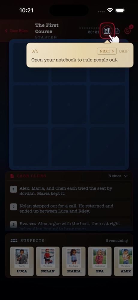 A guided first case with a coach note pointing at a clue